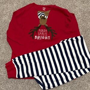 Gymboree Red Reindeer Pajama Set with Navy Striped Pants
